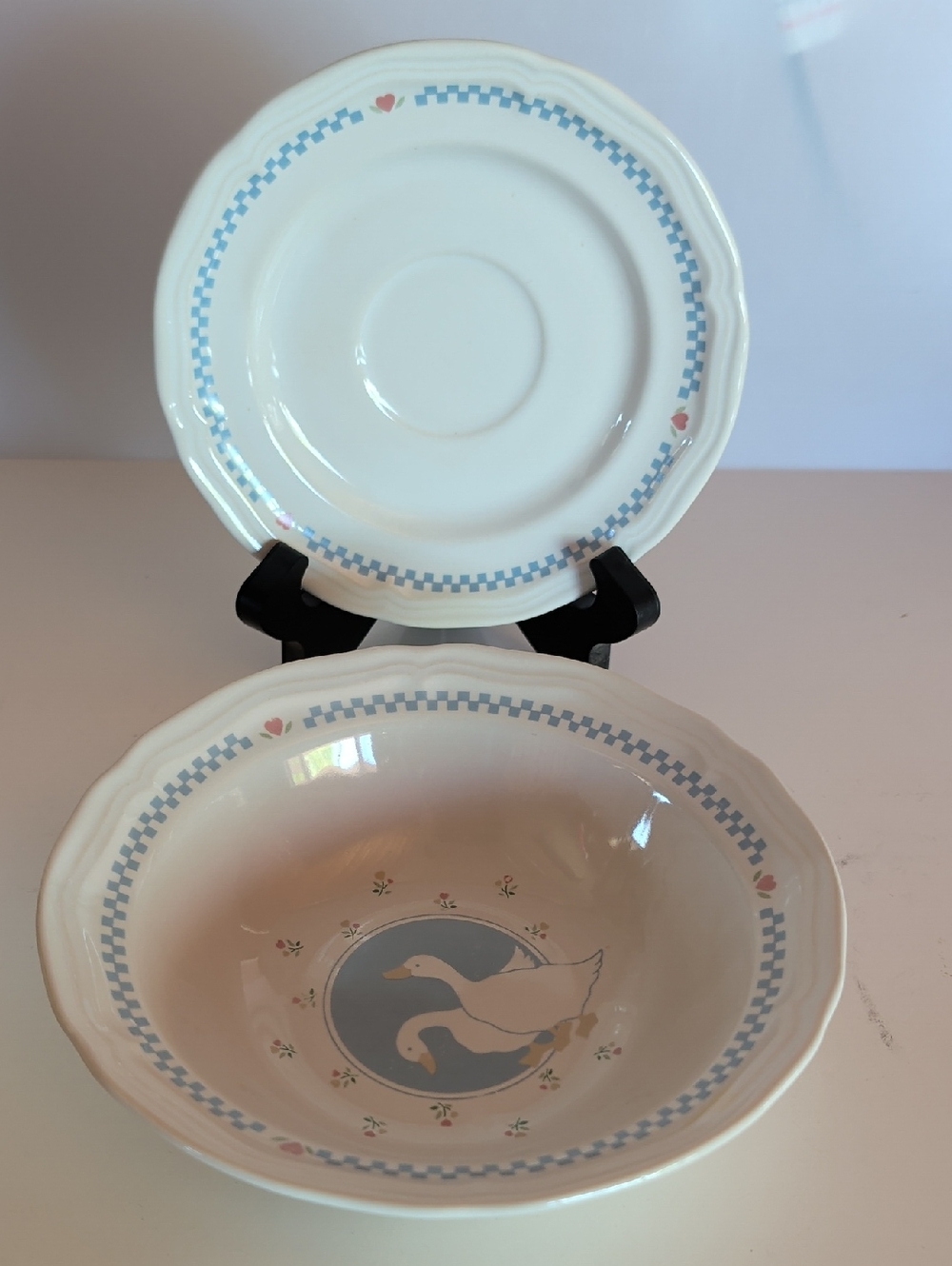 VTG. 2 pcs. Stoneware, Cream and Blue Geese ,Pattern Bowl and Saucer.